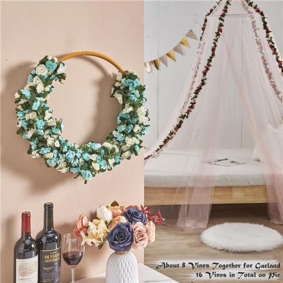 8 Pcs 66FT Flower Garland Artificial Rose Vine Flowers with Green Leaves Hanging - Picture 4 of 6